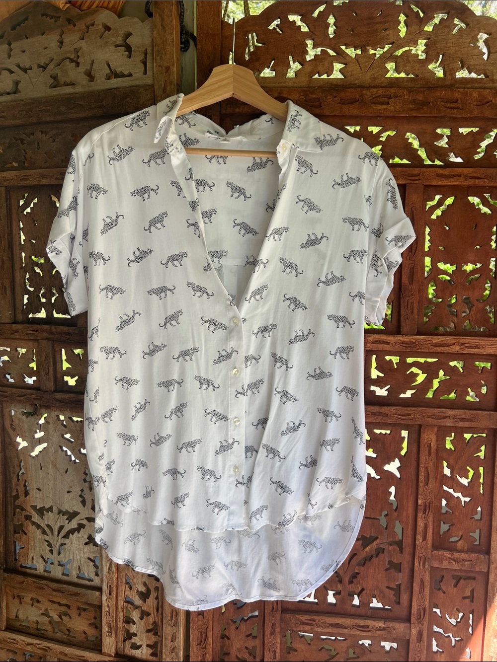 Jane + Delancey White Blouse with Black Leopard Print